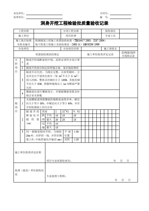 洞身开挖工程检验批质量验收记录