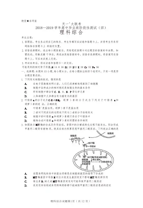 河南省天一大联考2019届高三阶段性测试(四)理科综合试卷(pdf版,含答案)