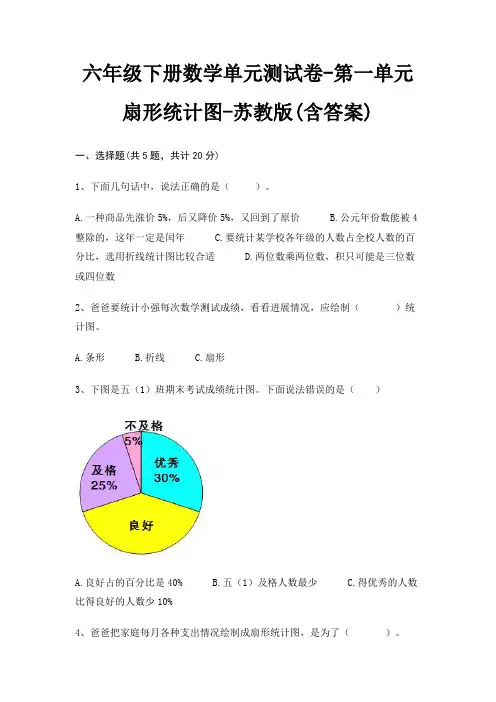 六年级下册数学单元测试卷-第一单元 扇形统计图-苏教版(含答案)