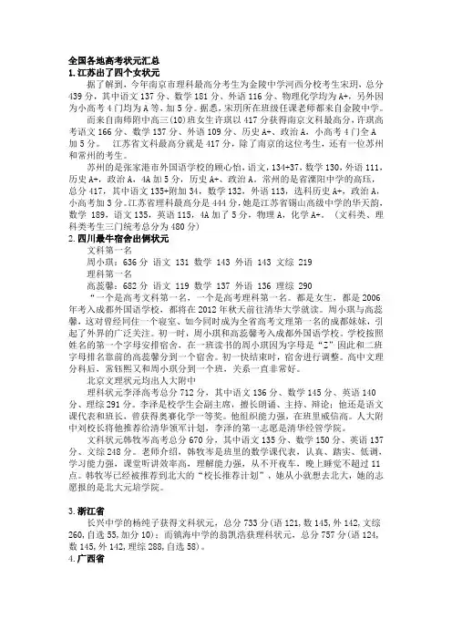 2012全国各地高考状元汇总