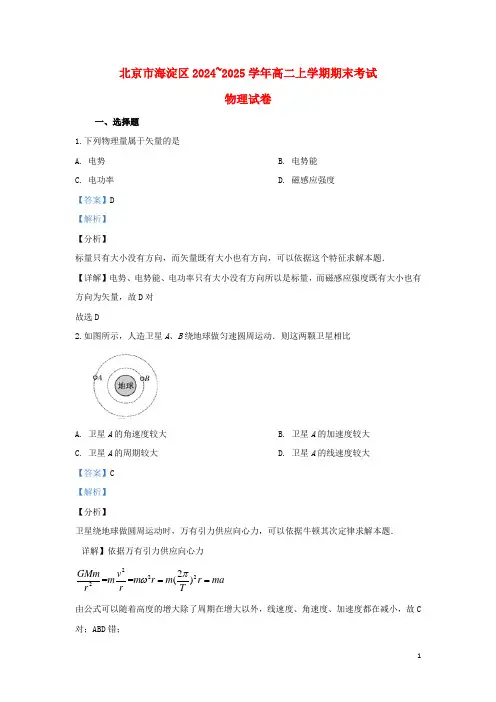 北京市海淀区2024_2025学年高二物理上学期期末考试试题含解析