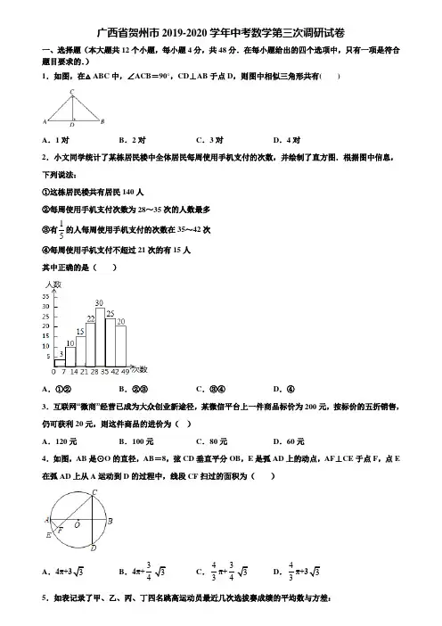 广西省贺州市2019-2020学年中考数学第三次调研试卷含解析