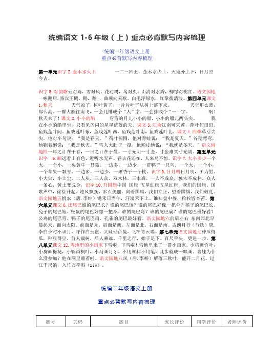 统编语文1-6年级(上)重点必背默写内容梳理