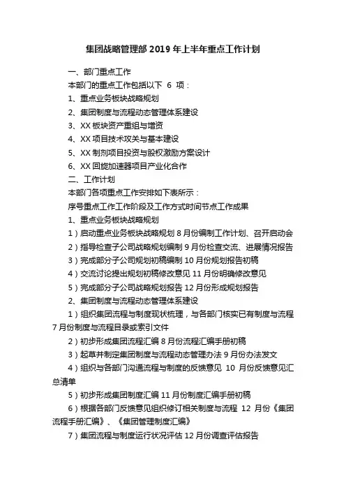 集团战略管理部2019年上半年重点工作计划