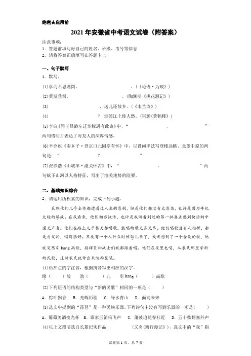 【中考真题】2021年安徽省中考语文试卷(附答案)
