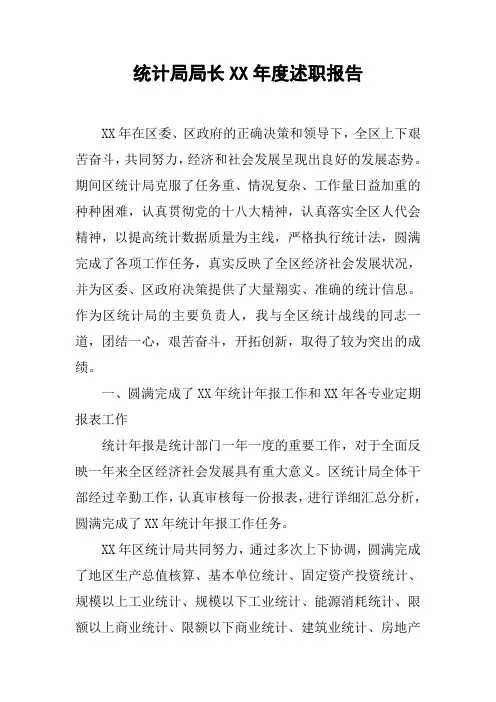 统计局局长XX年度述职报告
