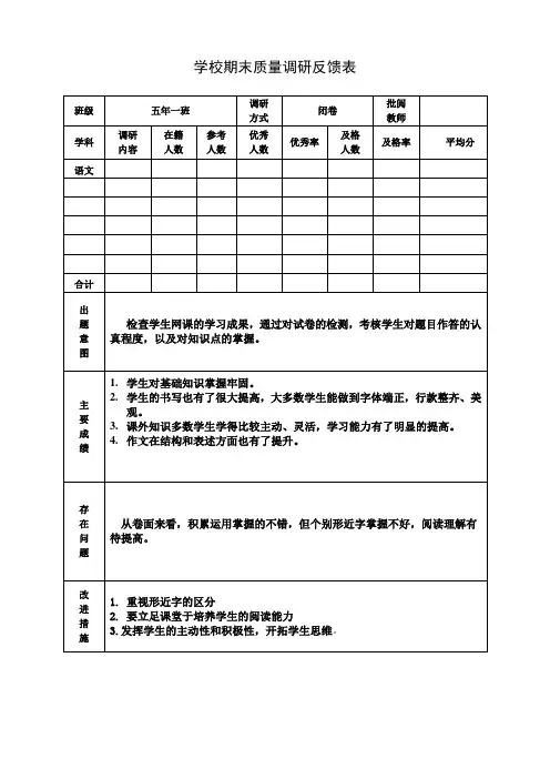 2020学校期末质量调研反馈表