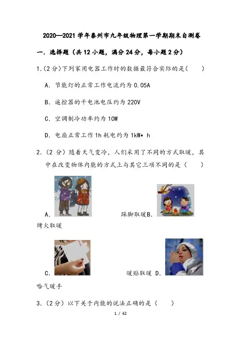 2020—2021学年江苏省泰州市九年级物理第一学期期末自测卷