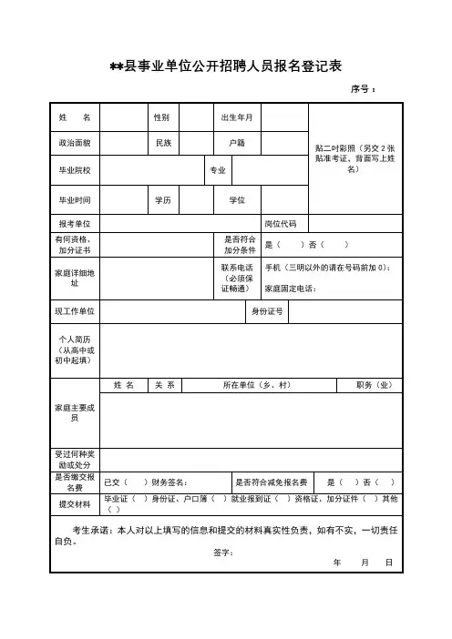 XX县事业单位公开招聘人员报名登记表【模板】