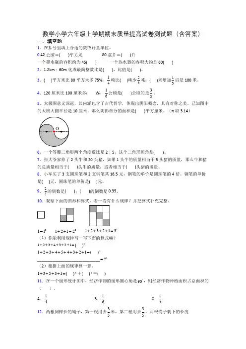 数学小学六年级上学期期末质量提高试卷测试题(含答案)