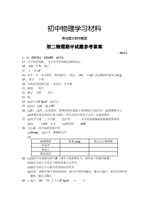 苏科版物理八年级下册初二物理期中试题答案.docx
