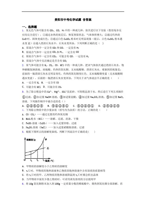 贵阳市中考化学试题 含答案