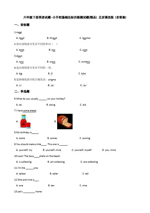 六年级下册英语试题--小升初基础达标训练测试题(精品)   北京课改版 (含答案)