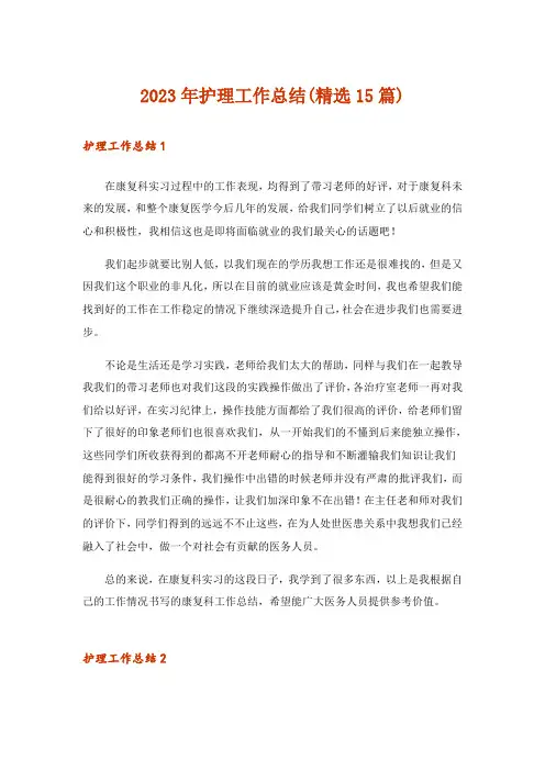 2023年护理工作总结(精选15篇)
