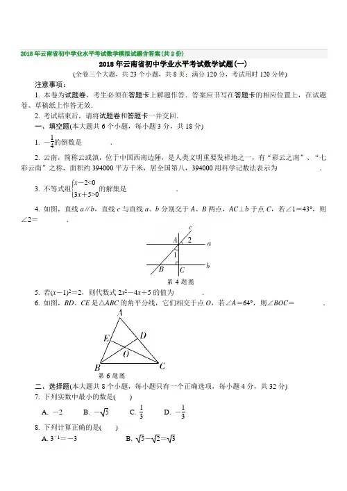 2018年云南省初中学业水平考试数学模拟试题含答案(共2份)2018年云南省初中学业水平考试数学试题(一)