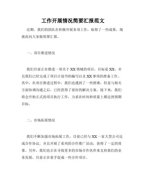 工作开展情况简要汇报范文