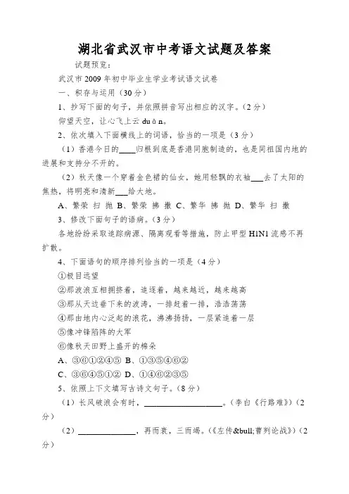 湖北省武汉市中考语文试题及答案