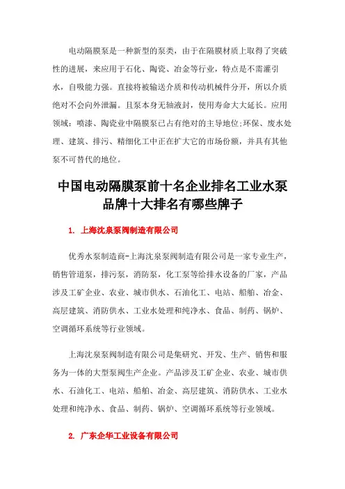 中国电动隔膜泵前十名企业排名工业水泵品牌十大排名有哪些牌子