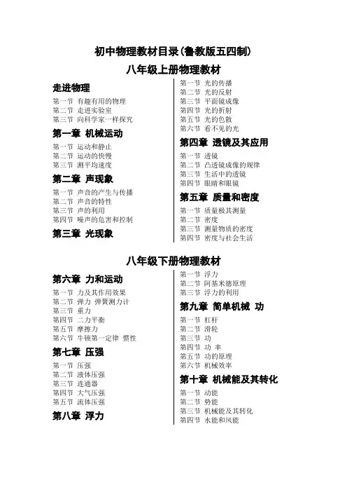 初中物理教材目录(鲁教版五四制)