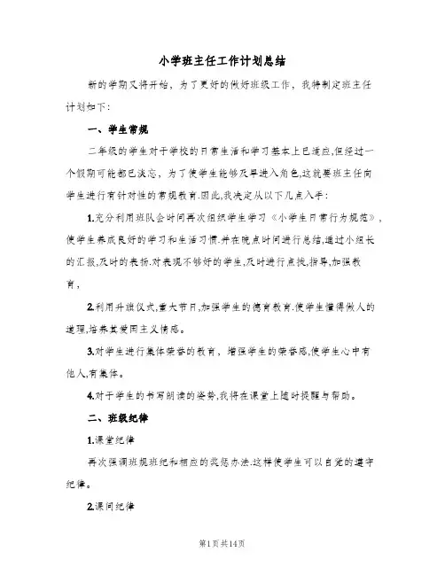 小学班主任工作计划总结(5篇)