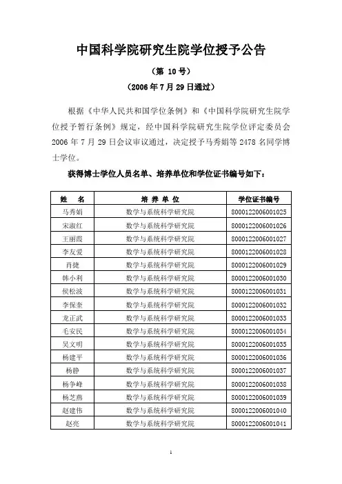 中国科学院研究生院学位授予公告