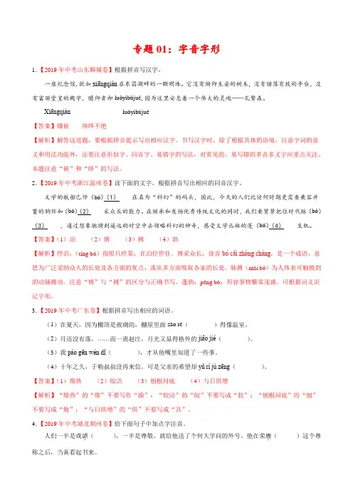 专题01 字音字形(第01期)-2019年中考真题语文试题分项汇编(解析版)