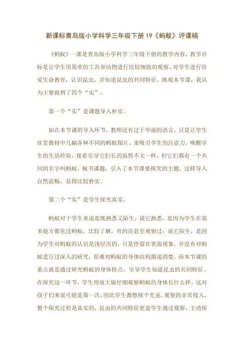 新课标青岛版小学科学三年级下册19《蚂蚁》评课稿