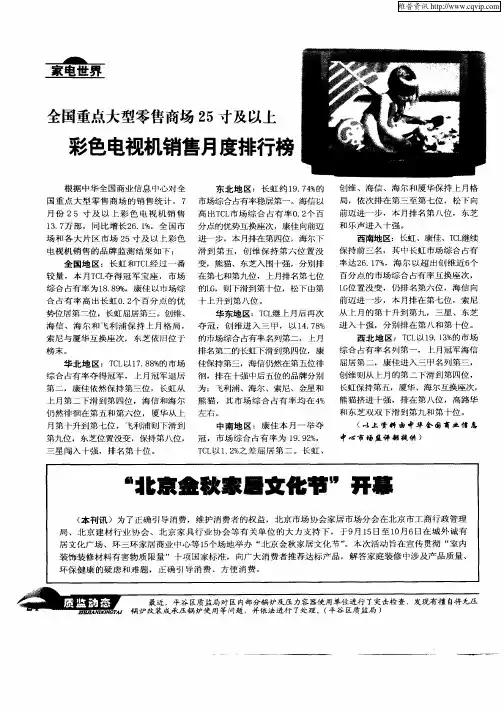 全国重点大型零售商场25寸及以上彩色电视机销售月度排行榜