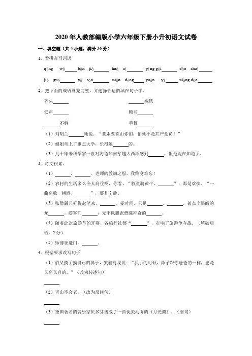 六年级下册语文试题-小升初语文试卷2(解析版)人教部编版