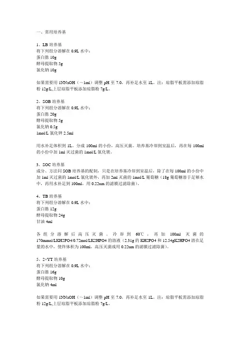 常用培养基的配制成分及方法