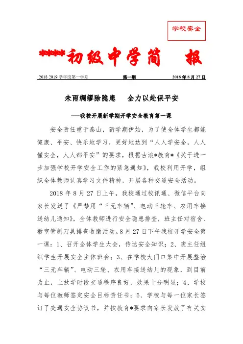 初级中学安全第一课简报
