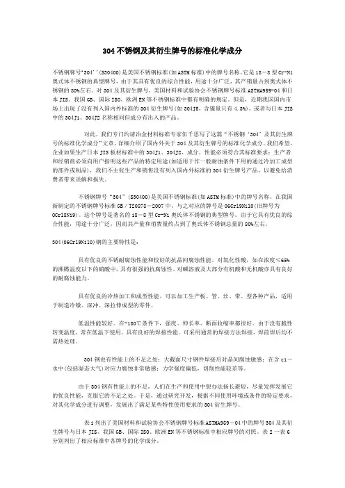 304不锈钢及其衍生牌号的标准化学成分