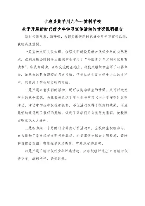 黄羊川九年一贯制学校关于开展新时代好少年学习宣传活动的说明报告