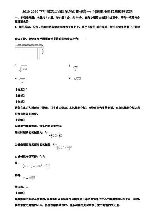 2019-2020学年黑龙江省哈尔滨市物理高一(下)期末质量检测模拟试题含解析