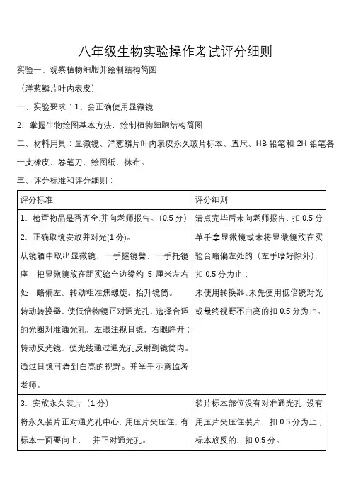八年级生物实验操作考试评分细则