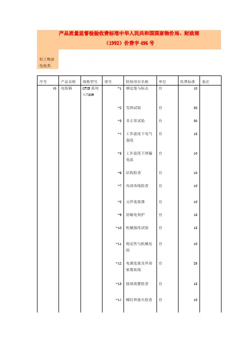 产品质量监督检验收费标准中华人民共和国国家物价局.