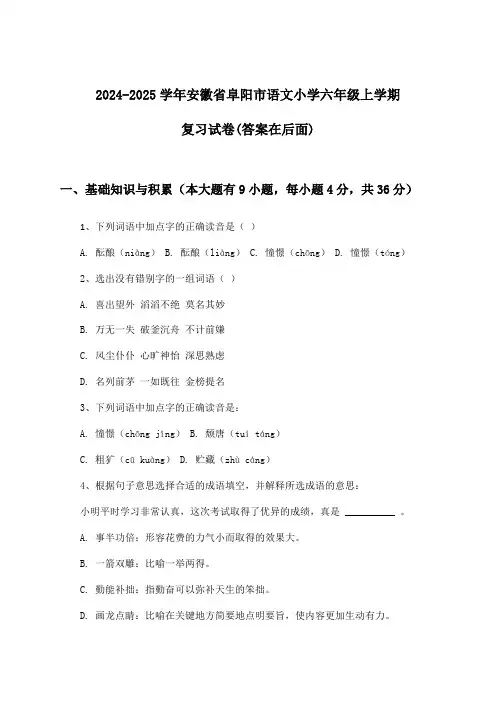 安徽省阜阳市语文小学六年级上学期试卷与参考答案(2024-2025学年)