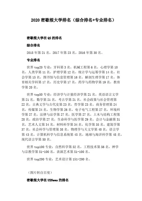 2020密歇根大学排名(综合排名+专业排名)