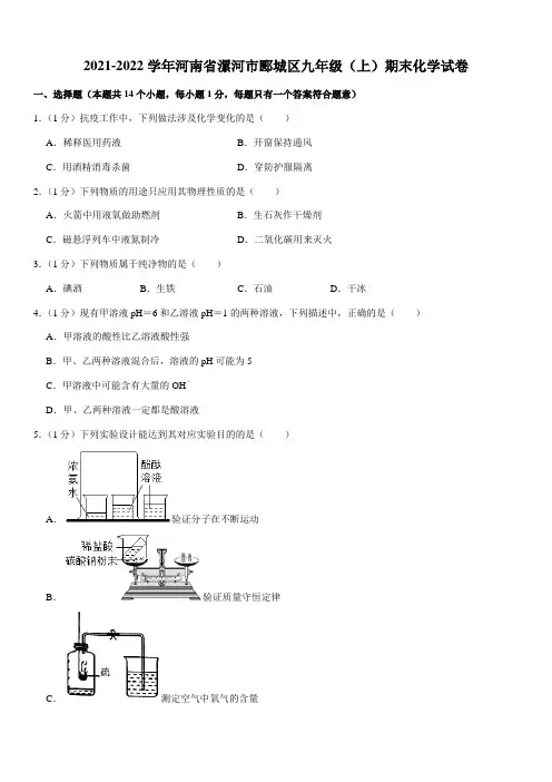 2021-2022学年河南省漯河市郾城区九年级(上)期末化学试卷