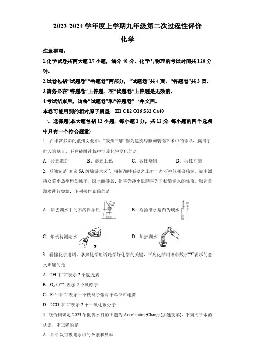 安徽省阜阳市2023-2024学年九年级上学期第二次联考化学试卷(含解析)