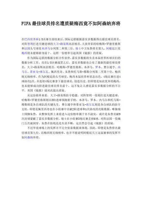 FIFA最佳球员排名遭质疑梅西竟不如阿森纳弃将