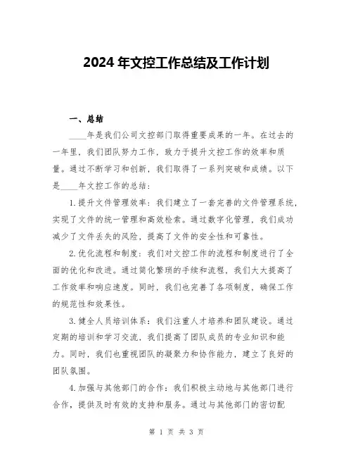 2024年文控工作总结及工作计划