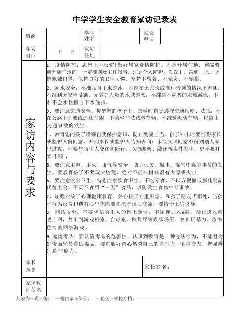 中学学生安全教育家访记录表