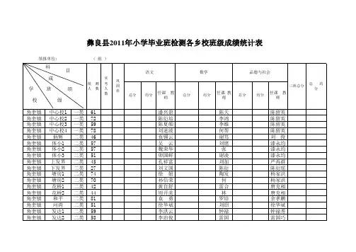 2011年小学毕业检测各乡校班级成绩统计表