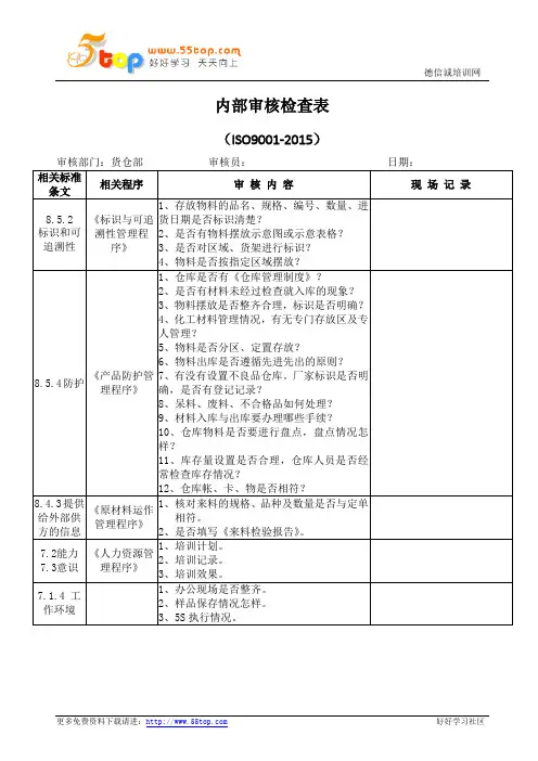 货仓部内部审核检查表