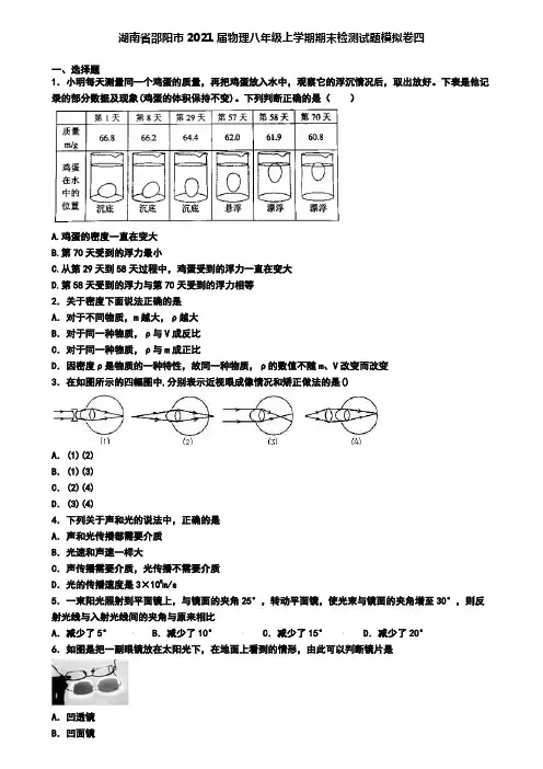 湖南省邵阳市2021届物理八年级上学期期末检测试题模拟卷四