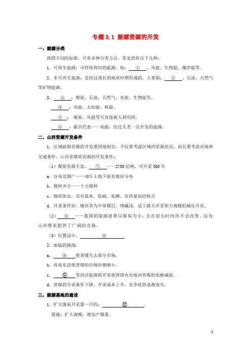 2018_2019学年高中地理专题3.1能源资源的开发试题新人教版必修3