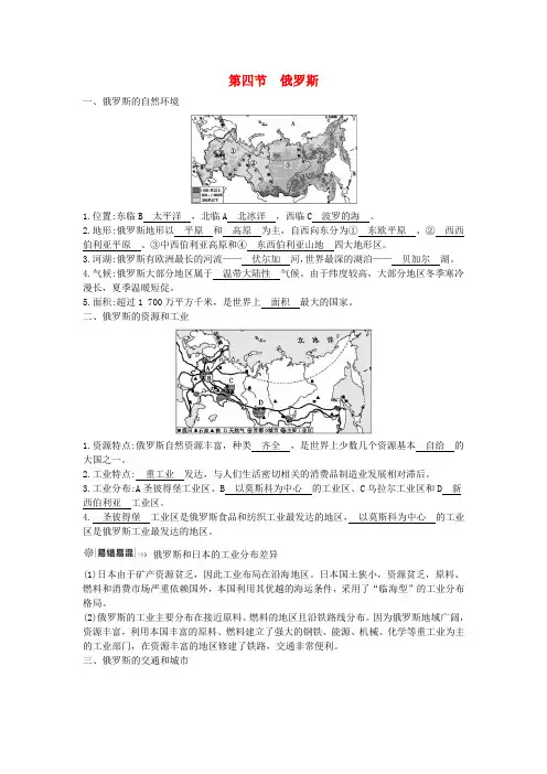 七年级地理下册 第七章 我们邻近的地区和国家 7.4 俄罗斯必备知识点 (新版)新人教版
