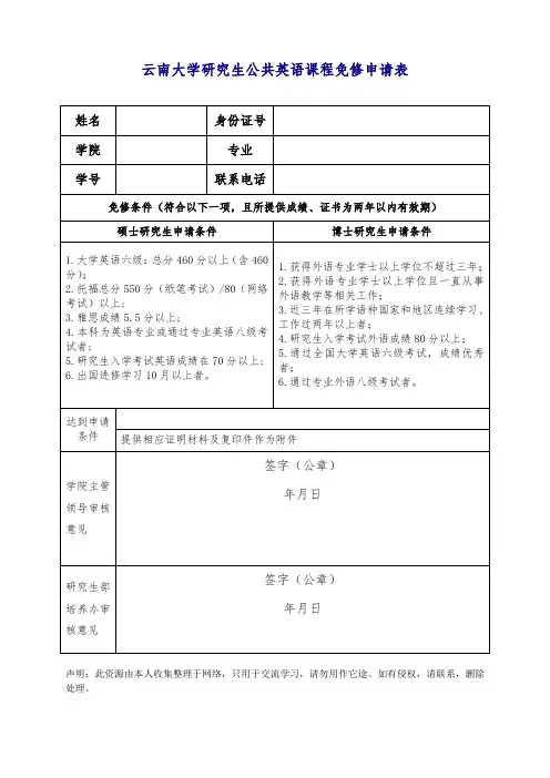 云南大学研究生公共英语课程免修申请表