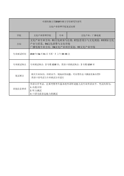 中国传媒大学2019年硕士学位研究生招生文化产业管理学院复试安排